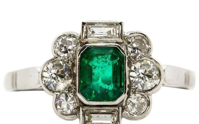 Art Deco Platinum Emeralds and Diamonds Ring