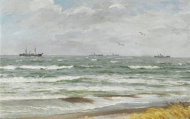 Carl Locher: A convoy of ships off Skagen. Signed and dated Carl Locher Skagen 1903. Oil on canvas. 41 x 58 cm.