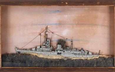 Carved and painted wood Battleship diorama