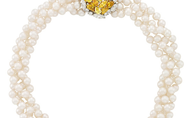 Cultured Pearl Torsade Necklace with Two-Color Gold, Colored Diamond and Diamond Clasp