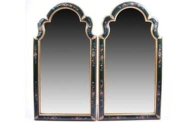 A PAIR OF DECORATIVE PAINTED WALL MIRRORS DECORATED IN THE BARGE-WARE STYLE