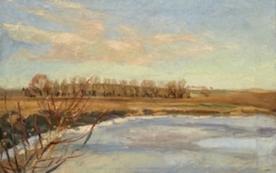Fritz SYBERG Faaborg, 1862 - Kerteminde, 1939 Vue d'un étang avec des peupliers en automne