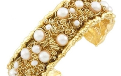 Gold Cultured and Freshwater Pearl Cuff Bangle Bracelet, Nikki Feldbaum
