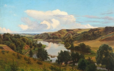 Hans Christian Fischer: Summer landscape from the River Gudenåen. Signed and dated H. Fischer 1880. Oil on canvas. 71×98 cm.