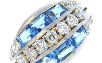 A mid 20th century 18ct gold and platinum diamond and topaz ring.