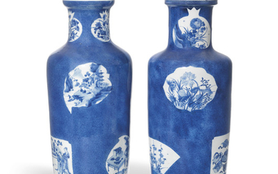 A NEAR PAIR OF CHINESE POWDER-BLUE-GROUND ROULEAU VASES, KANGXI PERIOD (1662-1722)