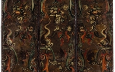 A NORTH EUROPEAN POLYCHROME-PAINTED LEATHER SIX-PANEL FLOOR SCREEN, LATE 19TH/EARLY 20TH CENTURY