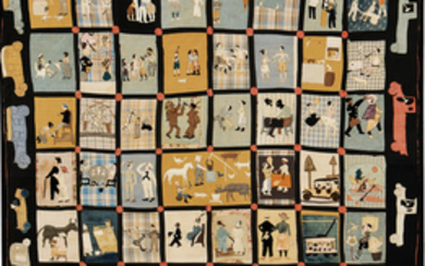 Pieced and Applique Folk Art Quilt "Scenes of American Life,"