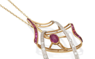 A ruby and diamond brooch/pendant necklace
