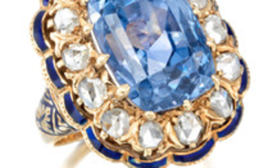 A sapphire, diamond and enamel ring