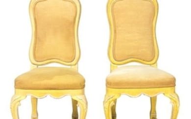A Set of Sixteen Rococo Style Yellow and White Painted Wood Dining Chairs