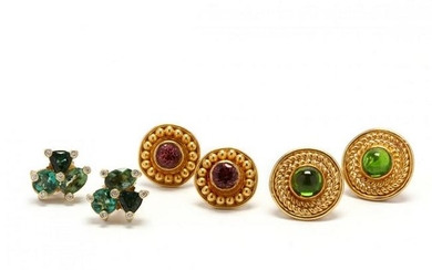 Three Pairs of Gold and Gemstone Earrings