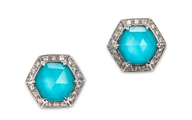 A pair of turquoise, quartz and diamond ‘Deco’...