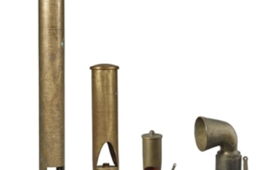 Two Brass Ship's Steam Whistles, together with a three-note brass ship's whistle with valve and a brass ship's siren with valve