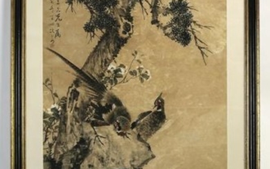 Chinese hand painted scroll of pheasants, pine, 75"h