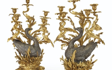 A PAIR OF FRENCH ORMOLU AND SILVERED-METAL FIVE-LIGHT CANDELABRA, LATE 19TH CENTURY