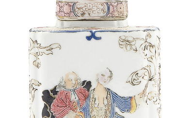 A EUROPEAN SUBJECT TEA CADDY AND COVER, YONGZHENG PERIOD, CIRCA 1735