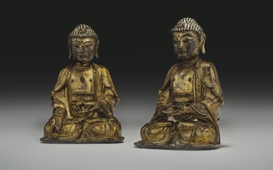 TWO GILT-BRONZE SEATED FIGURES OF BUDDHA AMITABHA AND BHAISAJYAGURU, MING DYNASTY, 16TH-17TH CENTURY