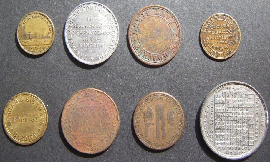 8x British Jewish business/merchant tokens, some denominated; 19-20th Centuries