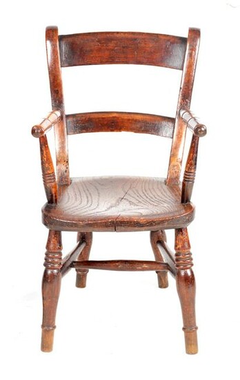 A 19TH CENTURY OXFORD ELM CHILD'S CHAIR with bar back