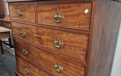 A 19th C. MAHOGANY CHEST OF TWO SHORT AND THREE LONG DRAWERS. W 109 x D 55 x H 98cms.