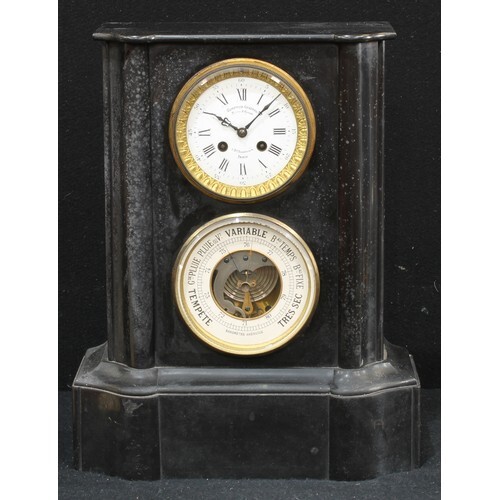 A 19th century French black marble combination mantel clock ...