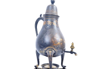 A 19th century Victorian black lacquered coffee pot and stan...