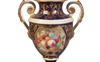 A BLOOR DERBY TWIN-HANDLED URN circa 1830, depicting fruit,...