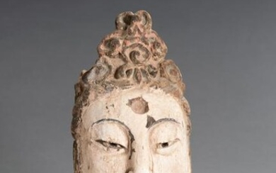 A CARVED POLYCHROME WOOD HEAD OF GUANYIN