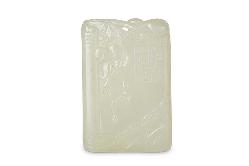 A CHINESE PALE CELADON JADE 'MONKEY AND ELEPHANT' PLAQUE.