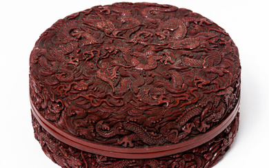 A CHINESE WOOD CARVED CINNABAR LACQUER BOX WITH 9 DRAGONS...