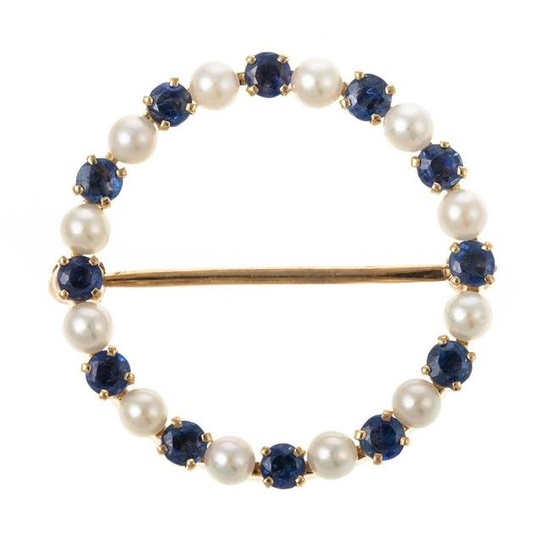 A Cartier Sapphire & Pearl Circle Brooch in 14K