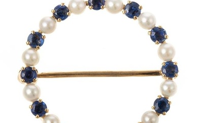 A Cartier Sapphire & Pearl Circle Brooch in 14K