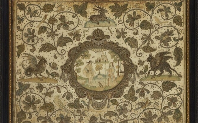 A Charles II silk embroidered panel, c.1660-70, with central oval cartouche of a pastoral scene with two figures holding crooks, a well to the right and a church in the distance, the surround worked in wire threads with exotic animals, birds and...