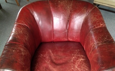 SOLD. A Chesterfield easy chair, upholstered with reddish leather fitted with buttons, stained beech legs....
