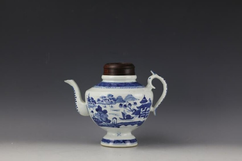 A Chinese Blue and White Teapot with Tall Handle
