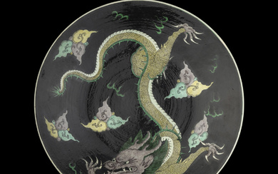 A Chinese Famille Noire Porcelain 'Dragon' Charger