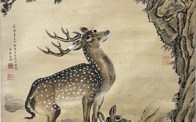 A Chinese Scroll Painting of Deers