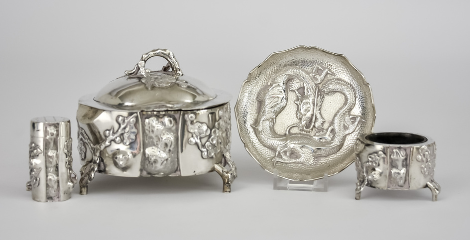 A Chinese Silver Butter Dish and Cover, Salt, Pepper and...