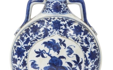 A Chinese blue and white 'bat and peaches' moon flask, late Qing dynasty, of flattened globular form standing on a splayed foot, with a peach shape plaque to each side painted with bats and peaches, encircled by a band of lotus foliage, the short...