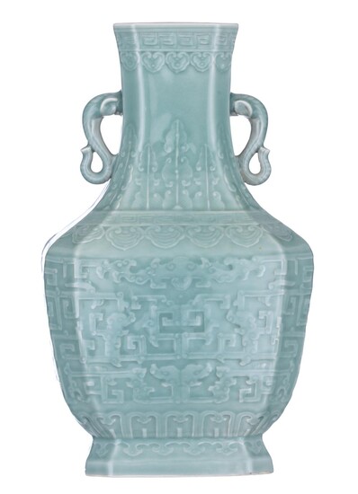 A Chinese celadon hexagonal hu vase, paired with elephant head handles, with a Qianlong mark, H 36,5 cm