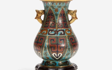 A Chinese cloisonné archaistic small vase with carved wood stand 掐丝珐琅小樽带底座
