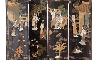 A Chinese first half 20th century four-panel ebonised lacquer screen with gilt...