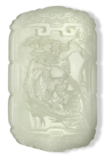 A Chinese pale green jade box cover, 18th/19th century, finely carved with a scholar and attendant in a boat beneath a pine tree, 11.5x7cm Provenance: Acquired in Hong Kong 1950s by a British missionary