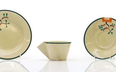A Clarice Cliff pottery 'Ravel' pattern trio