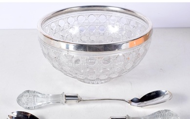 A Cut Glass Salad Bowl with Silver Plate Rim together with 2...