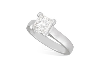 A DIAMOND SINGLE-STONE RING The princess-cut diamond weighi...