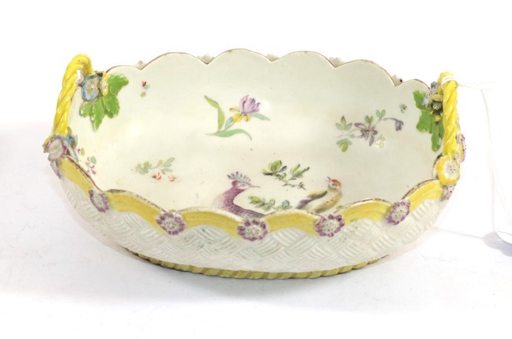 A Derby Porcelain Oval Basket, circa 1760, with twin handles,...