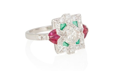 A Diamond, Ruby, Emerald and Gold Ring