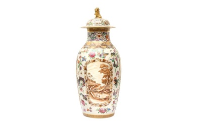 A FINE CHINESE EXPORT FAMILLE-ROSE, SEPIA AND GILT-DECORATED 'EUROPEAN SUBJECT' VASE AND COVER 清乾隆 外銷粉彩描金開光西洋人物蓋瓶